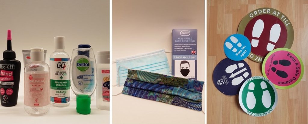 bottles of hand sanitiser, face masks and shop signage
