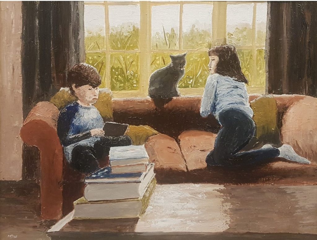 painting of two children on a sofa, one is reading a book