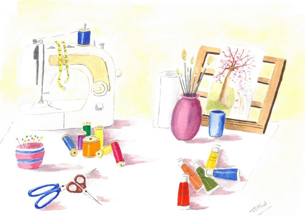 drawing of sewing machine and other craft materials
