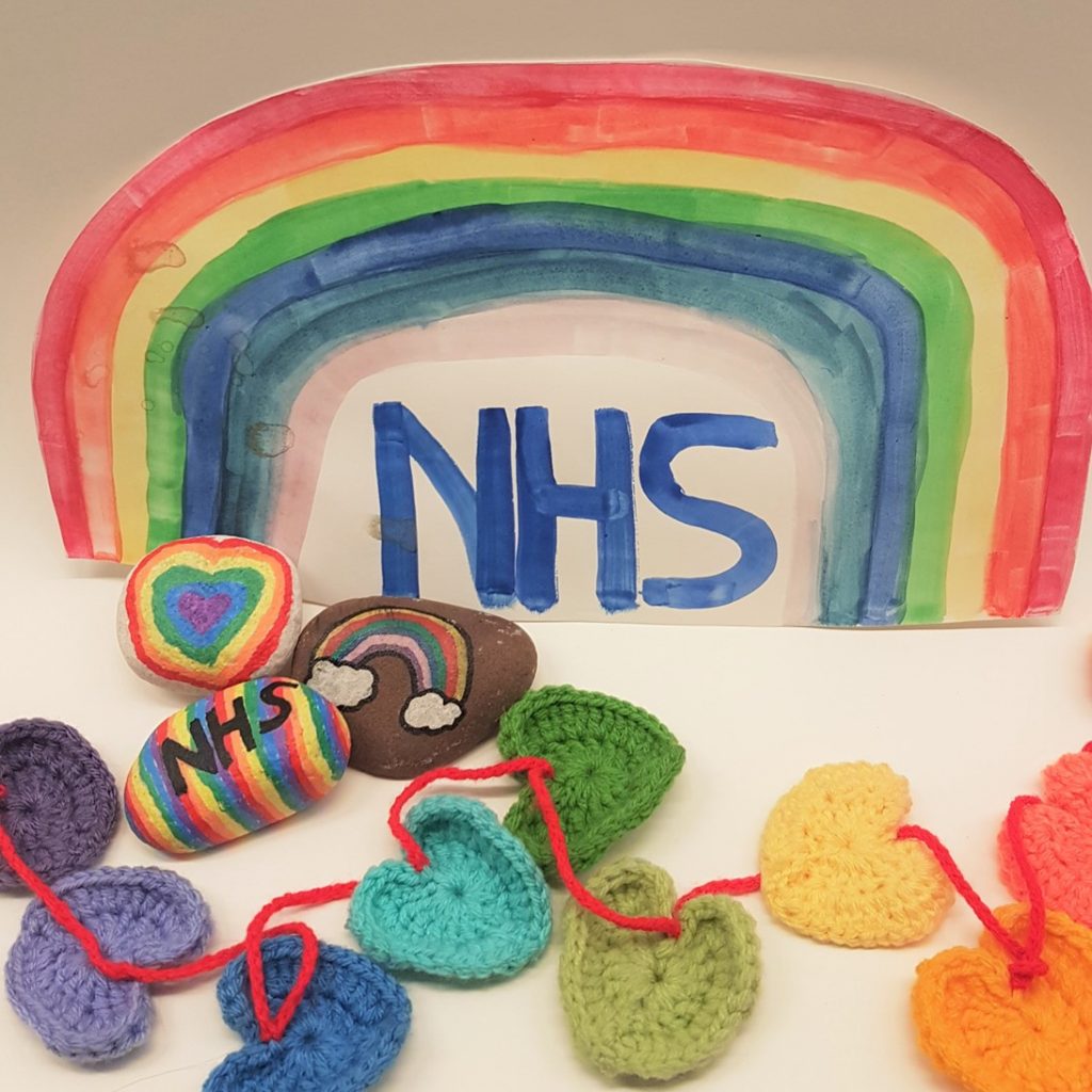 rainbow nhs painting, multi coloured crochet hearts and painted rocks