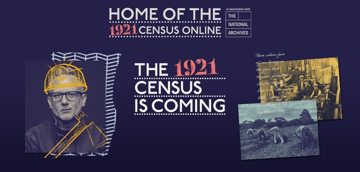 the 1921 census is coming graphic containing photos from 1921 and national archives branding