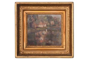 oil painting of pond with trees and houses
