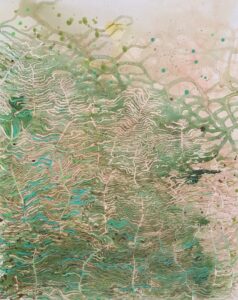 Green and light brown abstract artwork with poured paint lines