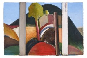 Three dimensional landscape including hills and trees created using found objects