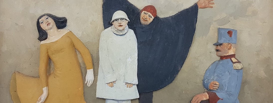 Ken Hughes: A Retrospective Colourful plaster relief by Ken Hughes featuring four people in various positions