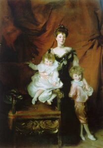 image of an oil painting showing an elaborately dressed women with two young children