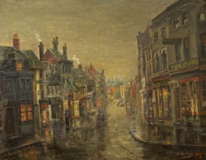 Oil painting on canvas of Chippenham High Street by Charles Wellens, 1917