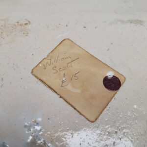 Price label of £15 when the dish was sold to William Scott, Tower's colleague and friend.