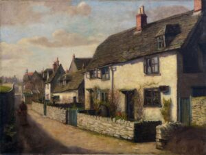 Painting showing a street view with garden wall and a figure. After conservation