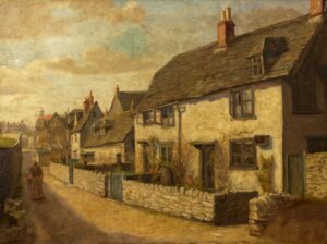 Painting showing a street view with garden wall and a figure. Before conservation