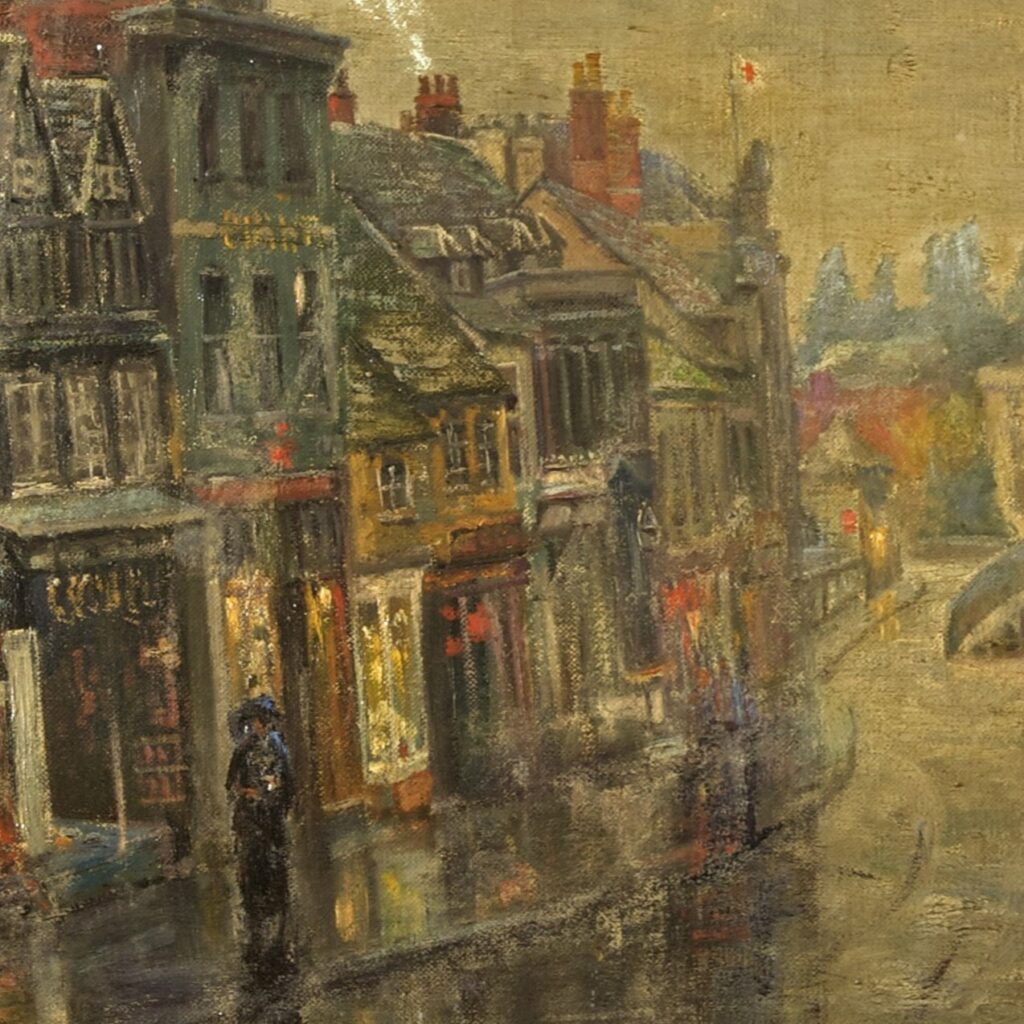 Close up of oil painting on canvas of Chippenham High Street by Charles Wellens, 1917