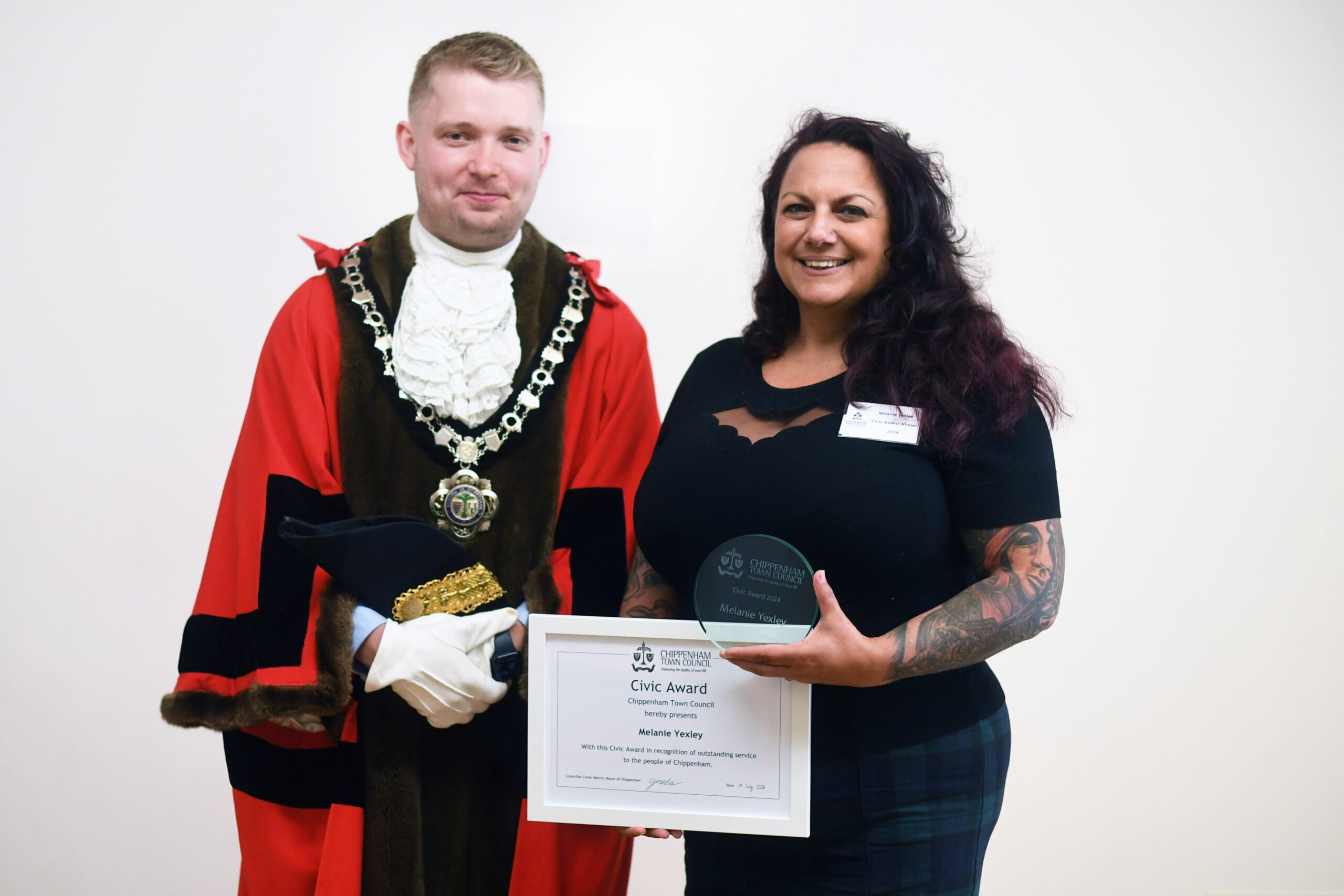 Melanie Yexley Civic Award 2024 Photograph of 2 people including the mayor and someone winning a civic award