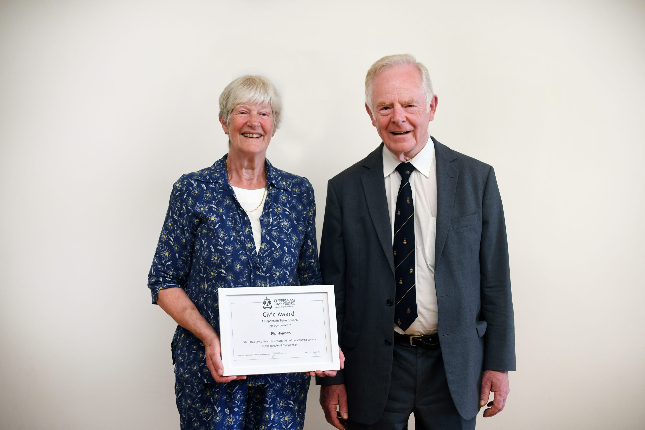 Pip Higman Civic Award 2024 Photograph of 2 people winning a civic award