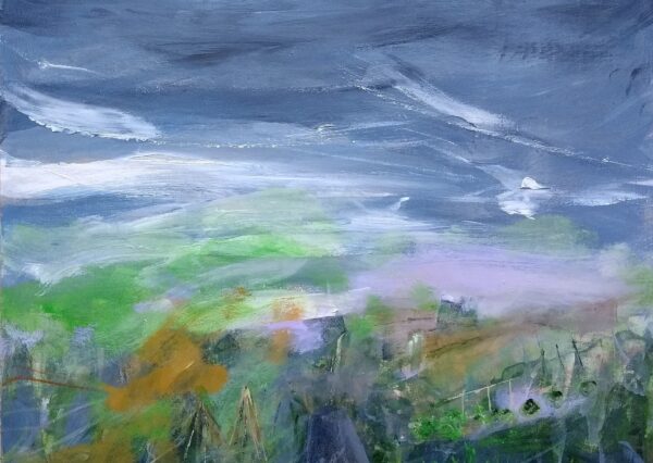 Photograph of a a painting which includes colours like grey, white, orange and green
