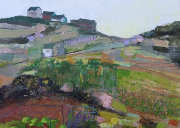 Photograph of a painting of a farm which includes colours like green, red, brown, blue
