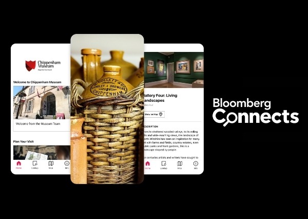 A graphic promoting the Chippenham Museum app on Bloomberg Connects, showing mobile screens with museum content, images of artefacts, and gallery information against a black background.