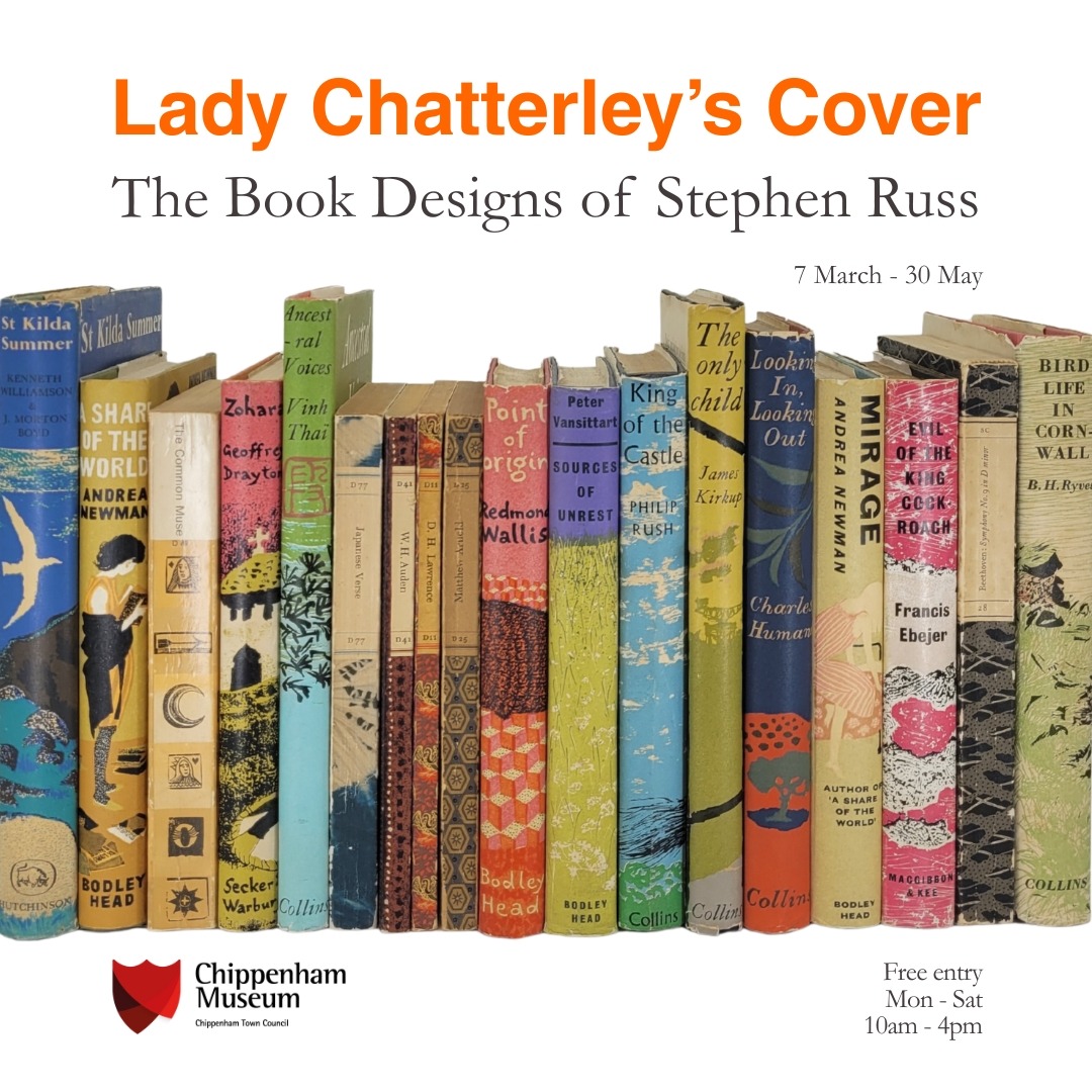 A colourful row of book spines featuring designs from artist Stephen Russ, all in blues, greens, whites, pinks, purples & greys.