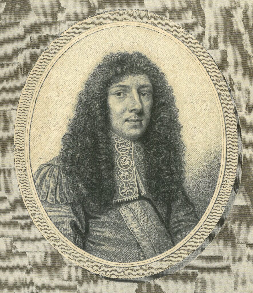 Portrait of John Aubrey, with large wig and lace collar.