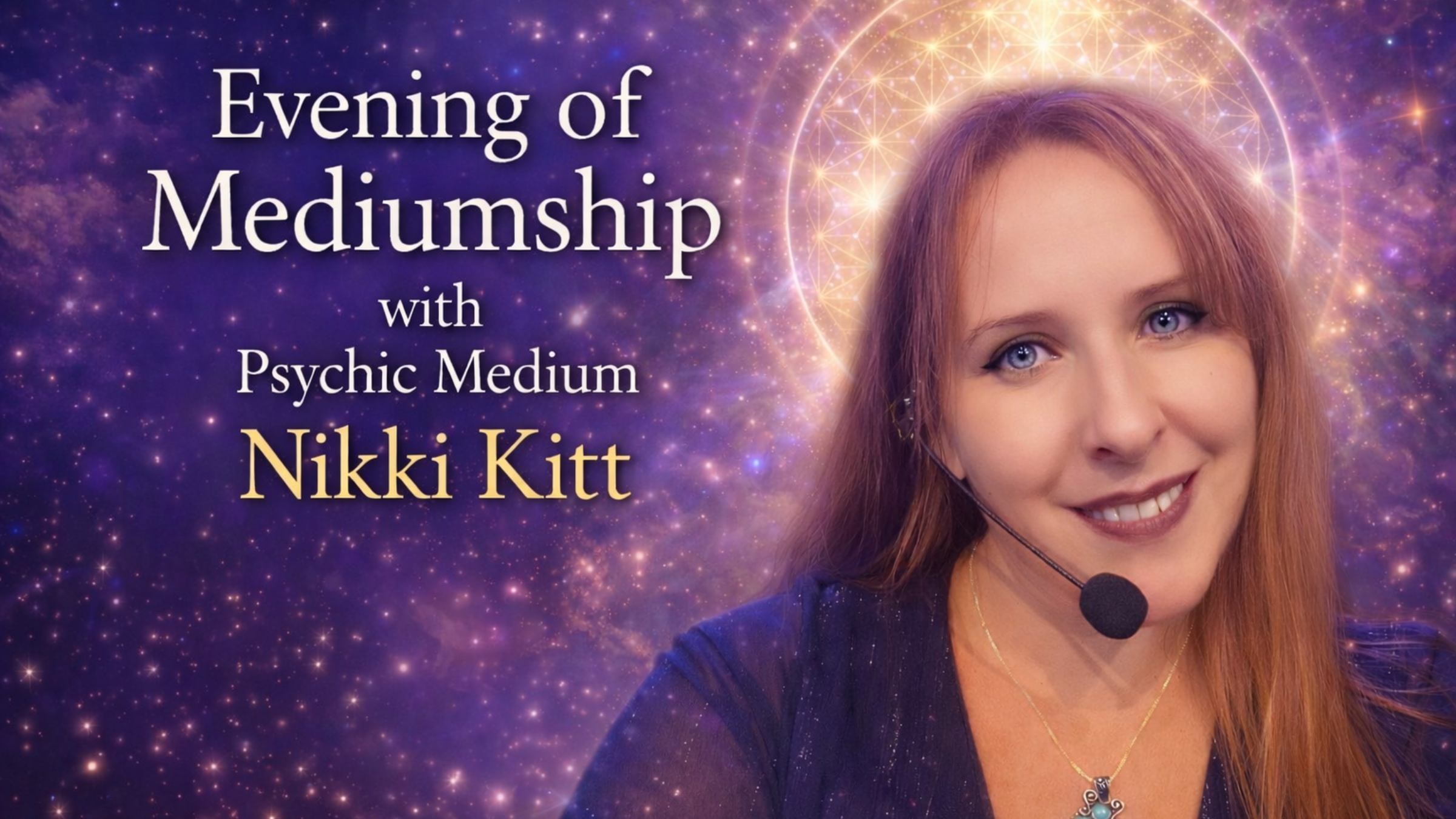 Evening of Mediumship with Nikki Kitt promo image of Nikki, a lady with long auburn hair on a purple background
