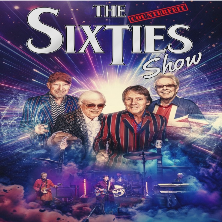 The Counterfeit Sixties Show promo poster -image shows musicians from the band with a purple background
