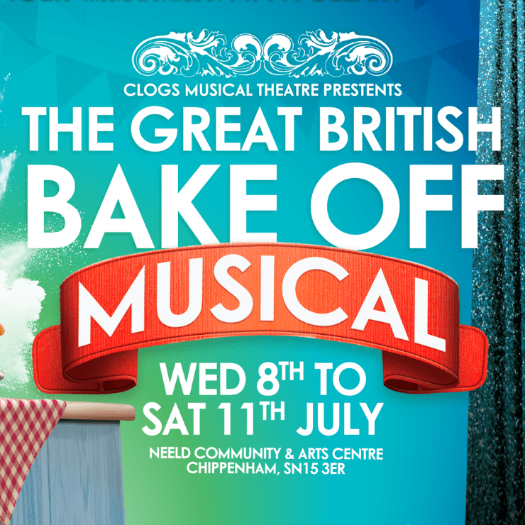 Great British Bake Off in bold white with musical on a red ribbon , red checked cloth to the side and what appears to be flour dusting