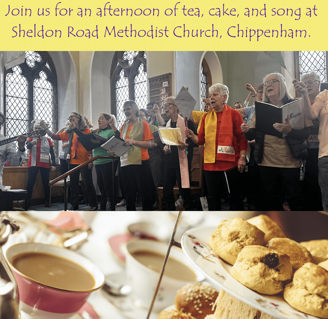 Allsorts Afternoon Tea promo image of choir singing , bottom half of picture showing afternoon tea setup of scones and cups of tea