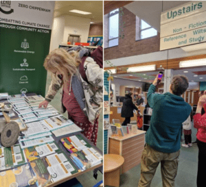 Two photographs show a community event focused on climate action and sustainability. The left photo features a woman examining informational materials on renewable energy, sustainable transport, and clean air at a table with a "Zero Chippenham" banner, while the right photo shows a man taking a photo inside a library with signs indicating sections for non-fiction, reference, and study upstairs. Two photographs show a community event focused on climate action and sustainability. The left photo features a woman examining informational materials on renewable energy, sustainable transport, and clean air at a table with a "Zero Chippenham" banner, while the right photo shows a man taking a photo inside a library with signs indicating sections for non-fiction, reference, and study upstairs.