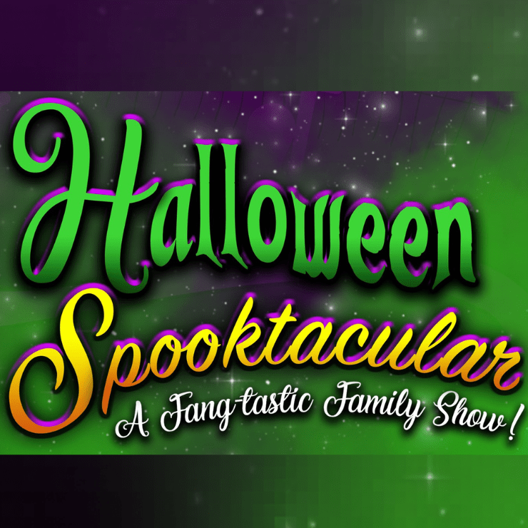 A colorful graphic poster promoting a Halloween Spooktacular family show with a spooky green and purple background featuring stars and mist. The text uses vibrant green, yellow, and orange gradient fonts with playful, decorative styles emphasizing a fun and festive Halloween event.