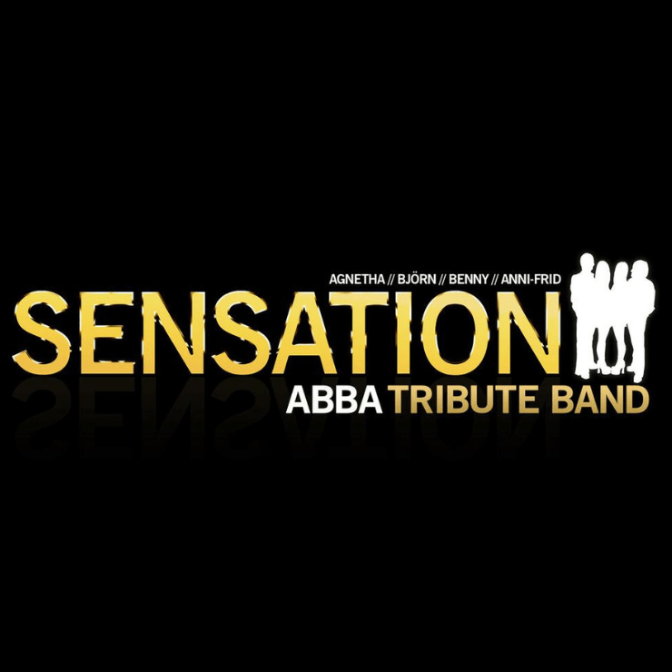 Logo design featuring bold gold and white text on a black background for "ABBA Sensation Tribute Band." The design includes names Agnetha, Björn, Benny, and Anni-Frid above the main text, with a white silhouette of four band members on the right side.