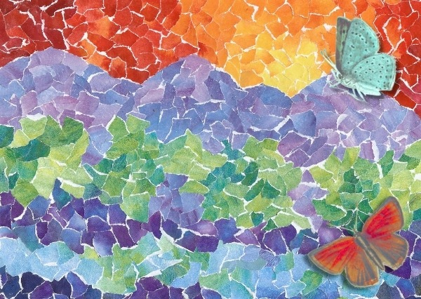 A image of a multi-coloured, paper mosaic background with red and blue butterflies on the left side.