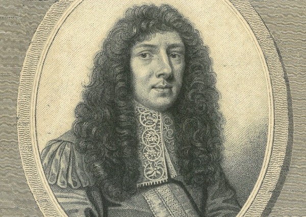 Portrait of John Aubrey, with a large wig and lace collar, in a circular frame.