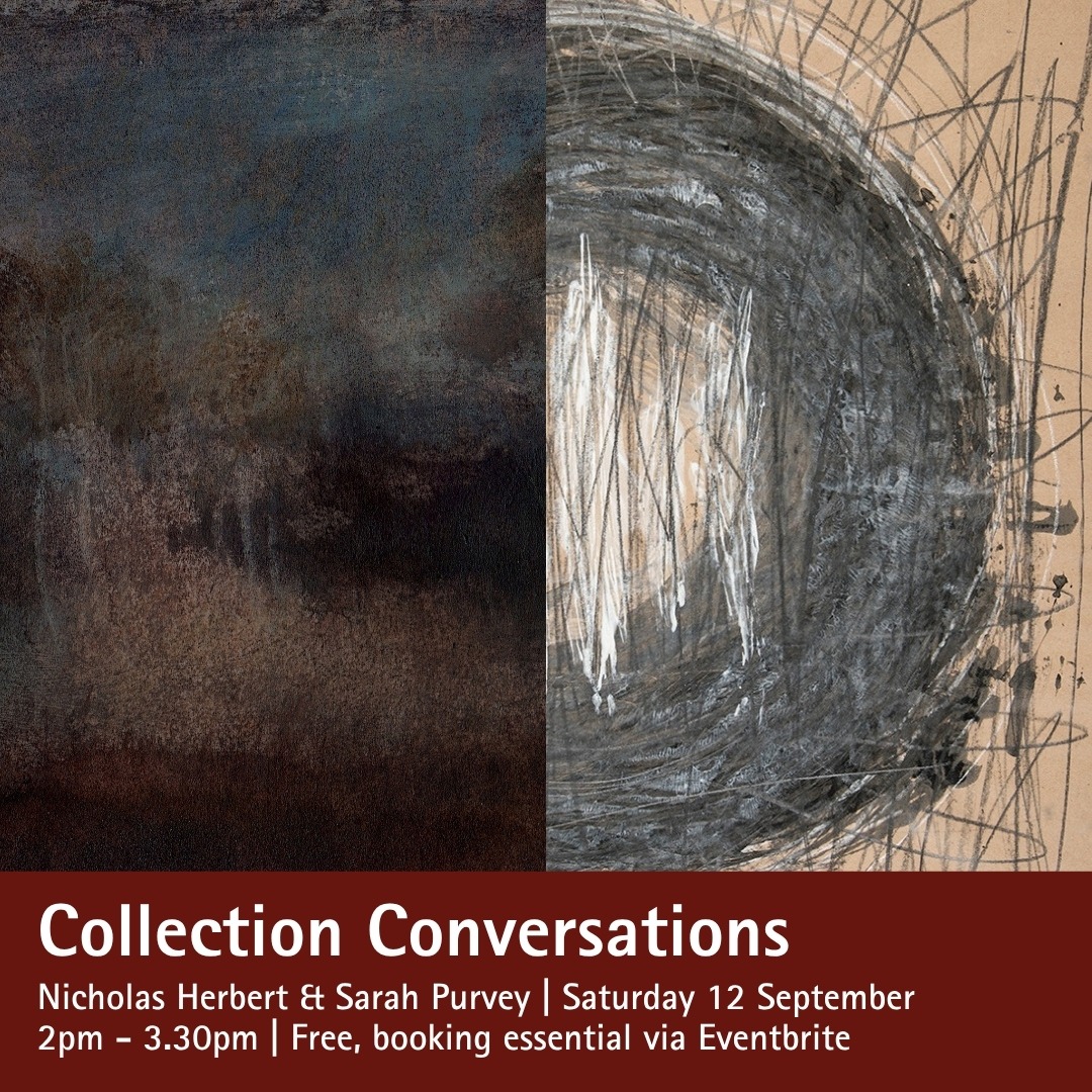 Image captions: Left image: Chobham Common, Winter, 2020, Nicholas Herbet, graphite, soluble crayon, acrylic paint, colour pencil, conte crayon, pastel and micaceous oxide on white paper Right image: Pace, 2015, Sarah Purvey, pencil, acrylic, and Indian ink on brown paper