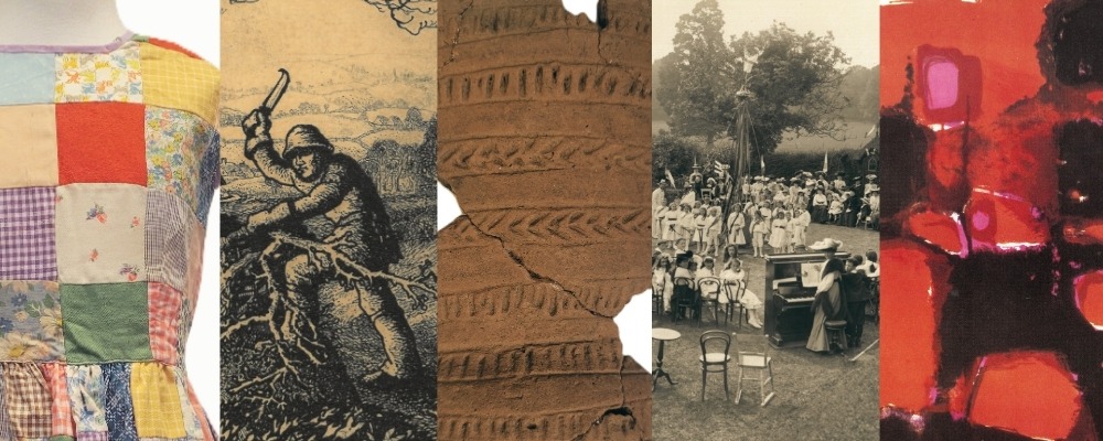 What's in Store Exhibition Website Header Collage of five objects from Chippenham Museum's collection, including textiles, archaeology, photography, and art.