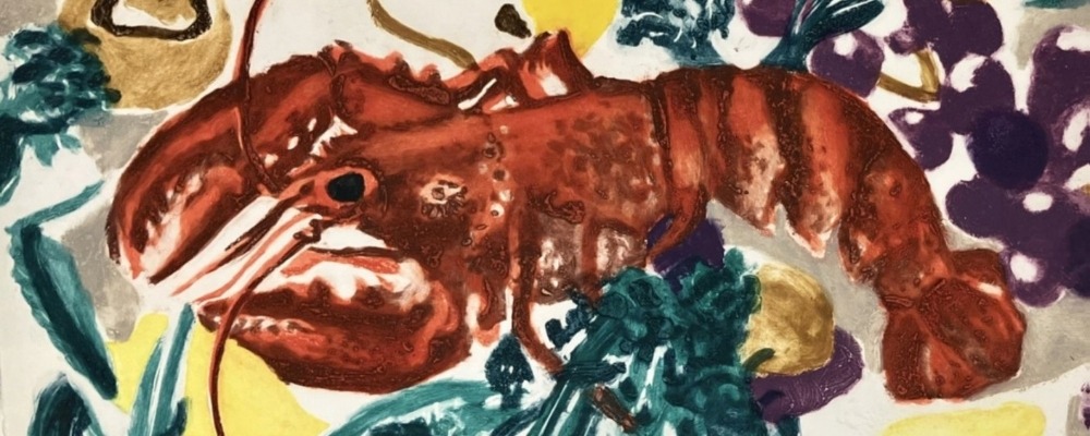 107 Workshop Exhibition A painting of a red lobster surrounded by colourful foliage of yellows and greens.